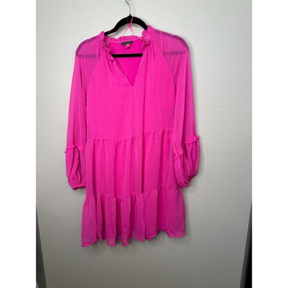 NWT Vince Camuto Womens Pink Long Sleeve Tiered Ruffle Dress Small 100% Polyeste - Picture 1 of 8